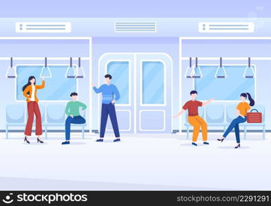 Railway Station with People, Train Transport Scenery, Platform for Departure and Underground Interior Subway in Flat Background Poster Illustration