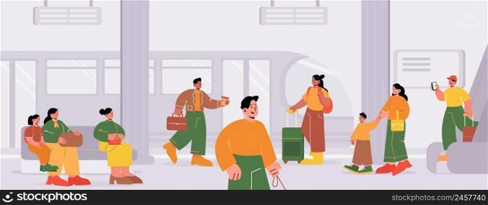 Railway station with train and crowd of people on platform. City subway terminal with waiting passengers, women with kids, man with dog, businessman, girl with suitcase. Vector cartoon illustration. Railway station with train and people on platform
