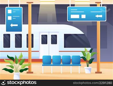 Railway Station with Train Transport Scenery, Platform for Departure and Underground Interior Subway in Flat Background Poster Illustration