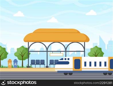 Railway Station with Train Transport Scenery, Platform for Departure and Underground Interior Subway in Flat Background Poster Illustration