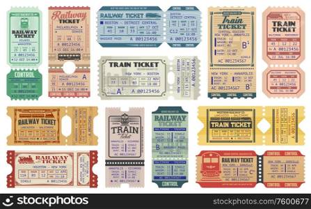 Railway tickets, vector train travel passes, vintage cardboard and carton paper tickets. USA American railway train tickets to central station destination city, seat number and control stamps. Retro railway train tickets, US America travel