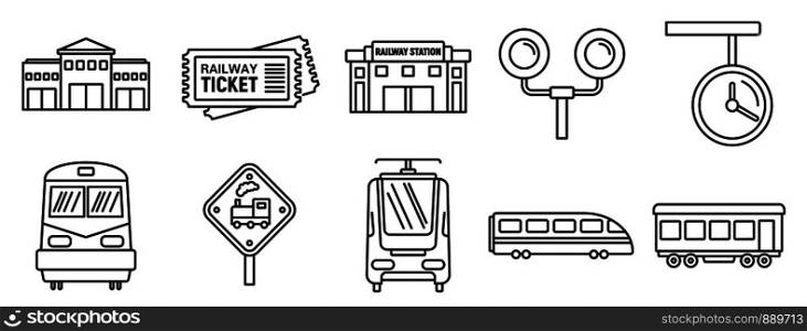 Railway train station icons set. Outline set of railway train station vector icons for web design isolated on white background. Railway train station icons set, outline style
