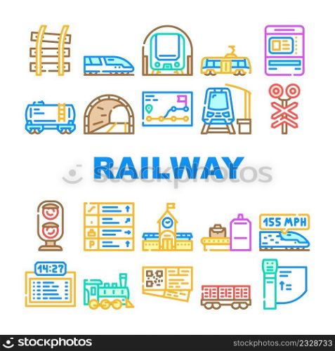 Railway Train Transportation Icons Set Vector. Pointer Direction And Ticket Dispenser, X-ray Electronic Equipment For Scan Traveler Baggage And Turnstile Railway Station Equipment Color Illustrations. Railway Train Transportation Icons Set Vector