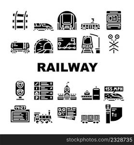 Railway Train Transportation Icons Set Vector. Pointer Direction Ticket Dispenser, X-ray Electronic Equipment For Scan Traveler Baggage Turnstile Railway Station Glyph Pictograms Black Illustrations. Railway Train Transportation Icons Set Vector
