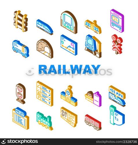 Railway Train Transportation Icons Set Vector. Pointer Direction Ticket Dispenser, X-ray Electronic Equipment For Scan Traveler Baggage Turnstile Railway Station Isometric Sign Color Illustrations. Railway Train Transportation Icons Set Vector