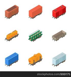 Railway wagon icons set. Isometric set of 9 railway wagon vector icons for web isolated on white background. Railway wagon icons set, isometric style