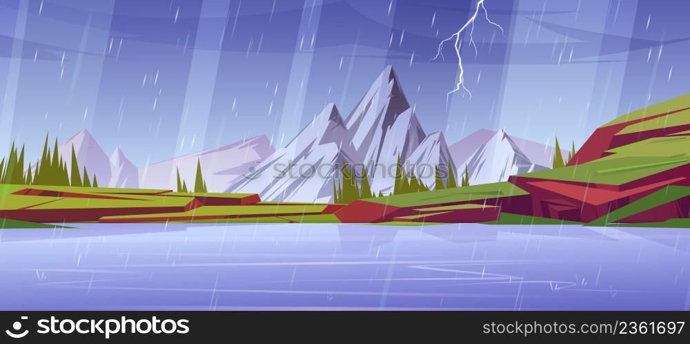 Rain and lightnings at mountain nature landscape with water pond, snowy peaks, green grass on rocks and conifers. Cartoon background with thunderstorm weather on lake, scenery view Vector illustration. Rain and lightnings at mountain nature landscape