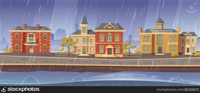 Rain and wind in old town with retro european buildings and lake promenade. Vector cartoon rainy cityscape with vintage architecture, stone road, empty river quay and gloomy sky. Rain and wind in town with european buildings