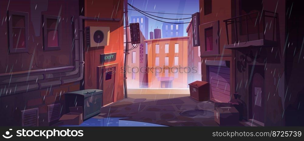 Rain at dark city corner, dirty nook puddles, back exit door, litter bins and scatter garbage, narrow backstreet with old buildings and view on rainy town landscape, Cartoon vector illustration. Rain at dark city corner, dirty nook puddles
