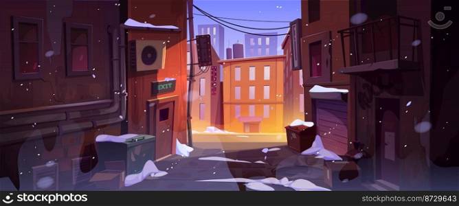Rain at dark city corner, dirty nook puddles, back exit door, litter bins and scatter garbage, narrow backstreet with old buildings and view on rainy town landscape, Cartoon vector illustration. Rain at dark city corner, dirty nook puddles