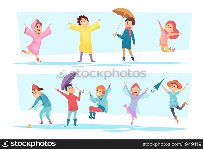 Rain characters. Happy kids playing in autumn puddles raincoat wet weather liquid seasonal games vector people. Illustration happy character walking and jump in rain. Rain characters. Happy kids playing in autumn puddles raincoat wet weather liquid seasonal games vector people