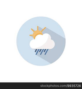 Rain, cloud and sun. Flat color icon on a circle. Weather vector illustration