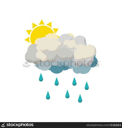 Rain cloud and sun icon in cartoon style isolated on white background. Rain cloud and sun icon, cartoon style