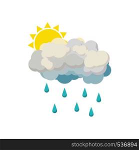 Rain cloud and sun icon in cartoon style isolated on white background. Rain cloud and sun icon, cartoon style