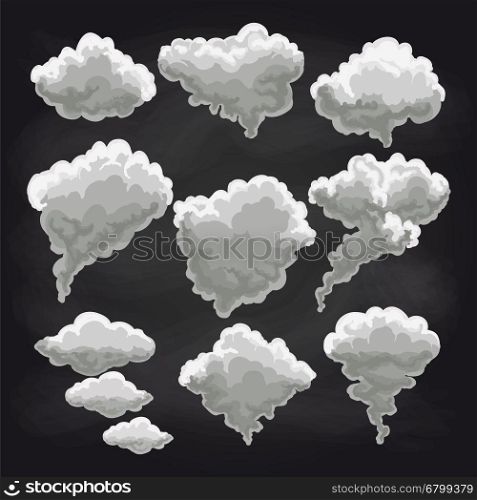 Rain clouds collection on chalkboard. Rain clouds icons collection on chalkboard vector illustration