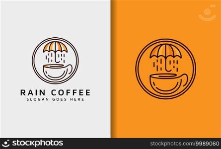 Rain Coffee Logo Design. Abstract Minimalist Logo with Coffee Cup and Rain Umbrella inside a Circle Design Concept.