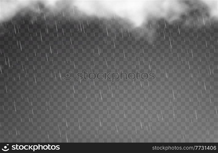Rain drops and clouds, rainfall on transparent background, vector falling raindrops. Rainy weather and cloudy sky with realistic rain water drops and storm clouds for heavy shower or hailstorm overlay. Rain drops, cloud, rainfall transparent background