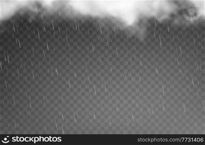 Rain drops and clouds, rainfall on transparent background, vector falling raindrops. Rainy weather and cloudy sky with realistic rain water drops and storm clouds for heavy shower or hailstorm overlay. Rain drops, cloud, rainfall transparent background