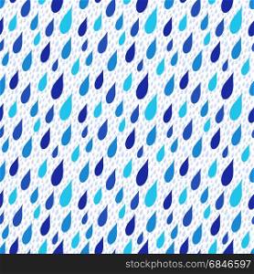 Rain drops falling obliquely, stylised seamless vector background in blue hues over white