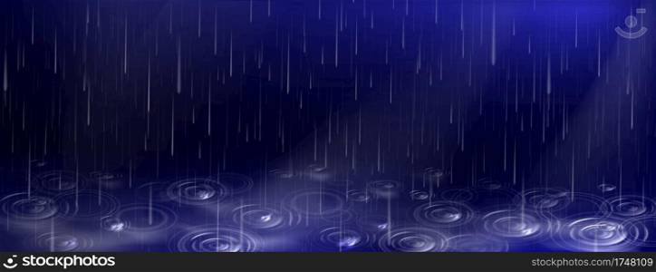 Rain, falling water drops and puddle ripples on dark blue background. Shower droplets, storm or downpour texture, pure aqua pattern, autumn season rainy weather, Realistic 3d vector illustration. Rain, falling water drops and puddle ripples.