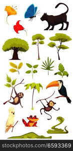 Rain forest jungle inhabitants flora fauna insects collection with alligator cobra snake butterflies monkeys isolated vector illustration . Rain Forest Jungle Set