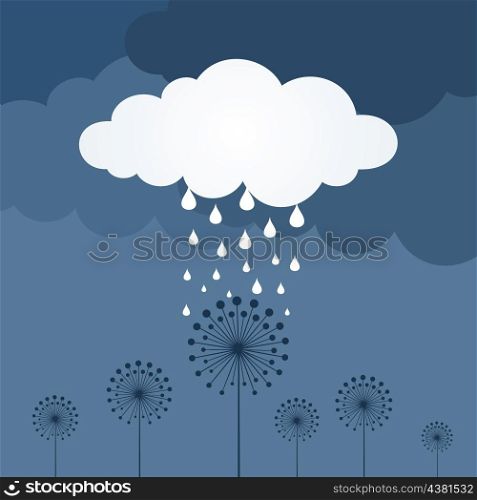 Rain from a cloud over a flower. A vector illustration