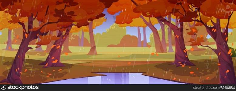 Rain in autumn forest, park nature landscape. Cartoon fall wood background with puddle, yellow grass under orange trees with falling leaves and water shower falling from sky Vector illustration. Rain in autumn forest, nature landscape, fall park