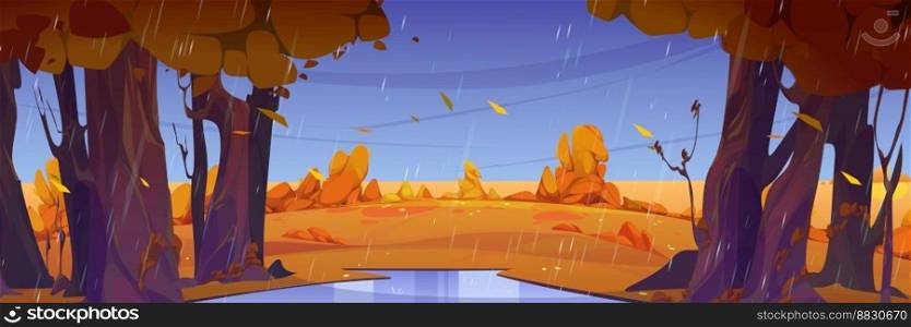 Rain in autumn forest, wild nature landscape. Cartoon fall background with puddle, fields, yellow grass under orange trees with falling leaves and water shower falling from sky Vector illustration. Rain in autumn forest, wild nature landscape, fall