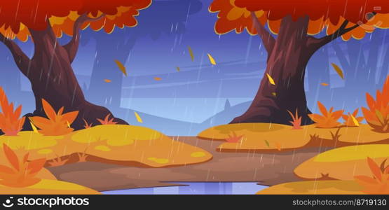 Rain in autumn forest, wild nature landscape. Cartoon fall wood background with puddle and yellow bushes under orange trees with falling leaves and water shower falling from sky Vector illustration. Rain in autumn forest, wild nature landscape, fall