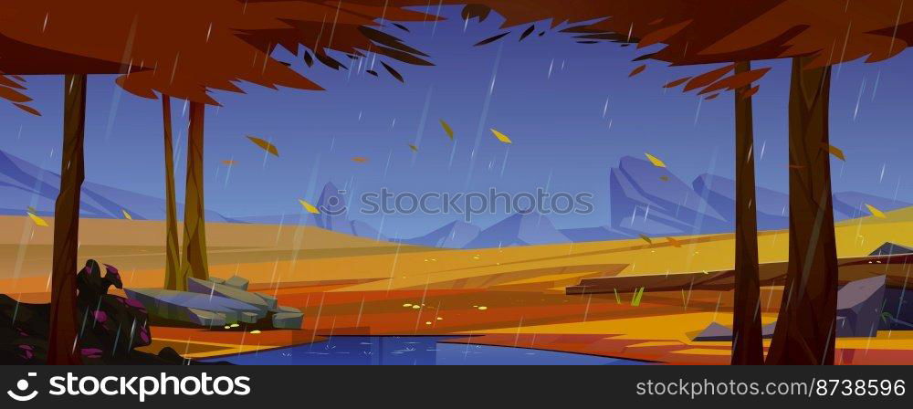 Rain in autumn forest, wild nature landscape. Cartoon fall wood background with puddle, ricks, yellow grass under orange trees with falling leaves and water shower falling from sky Vector illustration. Rain in autumn forest, wild nature landscape, fall