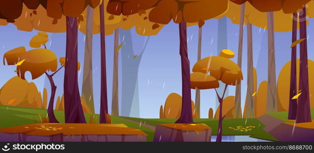 Rain in autumn forest with brown trees, fall leaves, puddle and path. Dull fall wood nature landscape, natural background, wild place with plants and grass at rainy day, Cartoon vector illustration. Rain in autumn forest with brown fall tree leaves