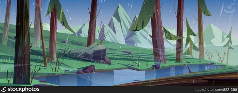 Rain in coniferous forest with lake and mountains. Nature landscape with pond in deep wood. Scenery background with wild plants, pines and bushes at rainy summer day, Cartoon vector illustration. Rain in coniferous forest with lake and mountains