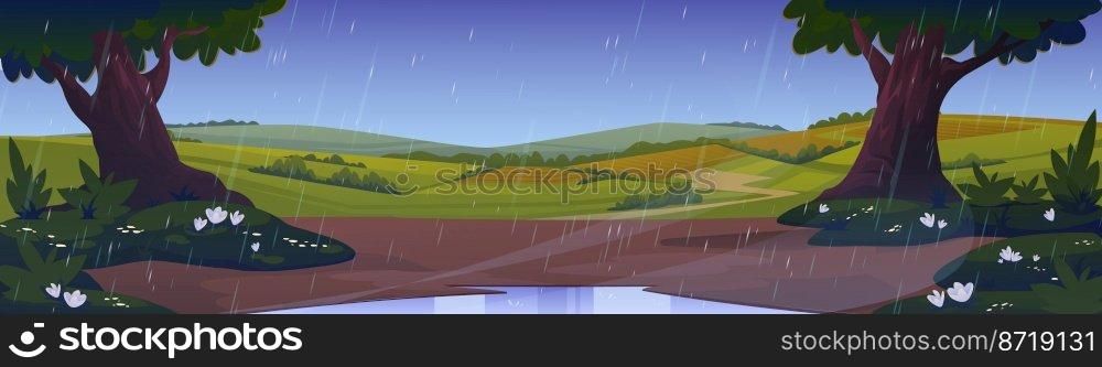 Rain in countryside with agriculture fields and trees. Vector cartoon illustration of rural panorama, summer landscape with farmlands, green meadows and trees at rainy weather. Rain in countryside with fields and trees
