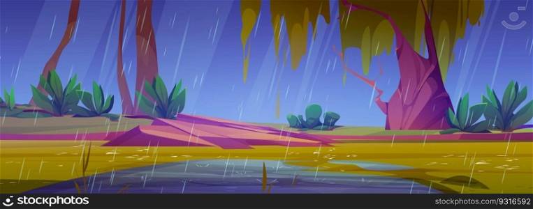 Rain in forest pond cartoon vector park landscape illustration. Cartoon background with spring weather with water droplet and puddle on grass. Tree and bush drawing valley fantasy game environment. Rain in forest pond cartoon vector park landscape