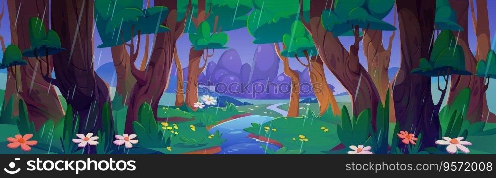 Rain in forest with river nature cartoon landscape background. Green grass and chamomile in beautiful location with spring weather. Falling raindrop in water. Illustrated valley with tree and creek. Rain in forest with river nature cartoon landscape