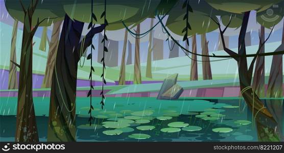 Rain in forest with sw&or lake and water lilies floating. Nature landscape with marsh in deep wood. Fantasy mystic scenery background with wild pond covered with ooze, Cartoon vector illustration. Rain in forest with sw&or lake and water lilies