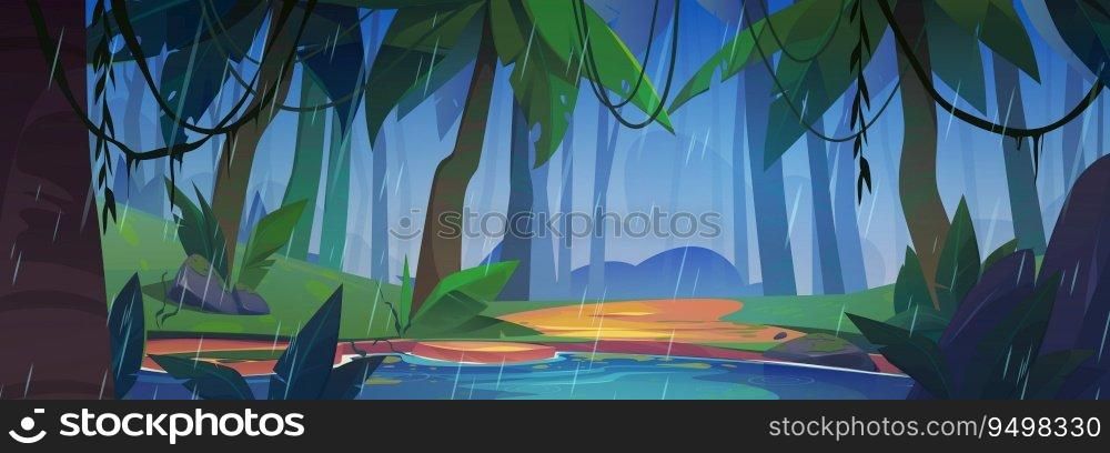 Rain in green tropic forest with lake cartoon vector background. Sand shore with palm tree in jungle rainforest environment illustration with nobody. Mystery woodland with liana for wild adventure. Rain in green tropic forest with lake cartoon