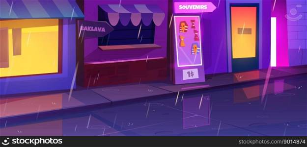 Rain in night city street. Vector cartoon illustration of souvenir shop and local cuisine restaurant facade with illuminated windows, doors and signboards, water puddles on wet road and sidewalk. Rain in night city street