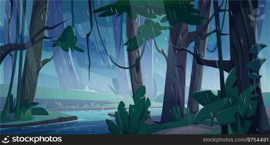 Rain in night jungle forest. Vector cartoon illustration of river flowing between old trees with green foliage and lianas on branches, drops and reflection on water surface, adventure game landscape. Rain in night jungle forest