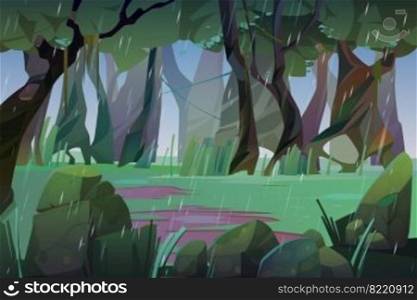 Rain in summer forest. Scene of jungle, garden or natural park at rainy weather. Vector cartoon landscape of woods glade with green grass, water puddles, trees, lianas and stones. Summer landscape with rain in forest