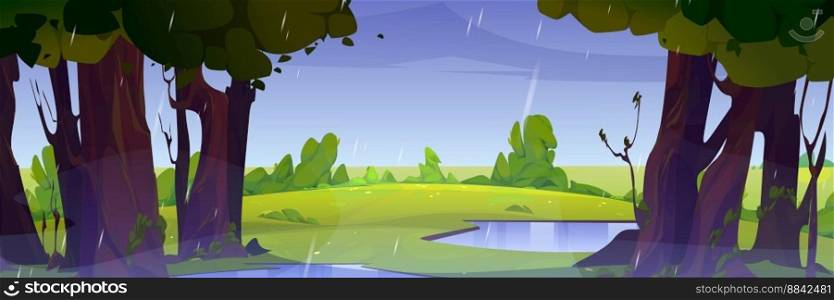 Rain in summer forest, wild nature landscape. Cartoon background with puddle, fields, green grass under wet trees and water shower falling from sky Vector illustration. Rain in summer forest, wild green nature landscape