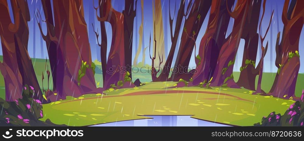 Rain in summer forest, wild nature landscape. Cartoon wood background, field with puddle, blooming bushes and green grass under tree trunks and water shower falling from sky, Vector illustration. Rain in summer forest, wild nature 2d landscape