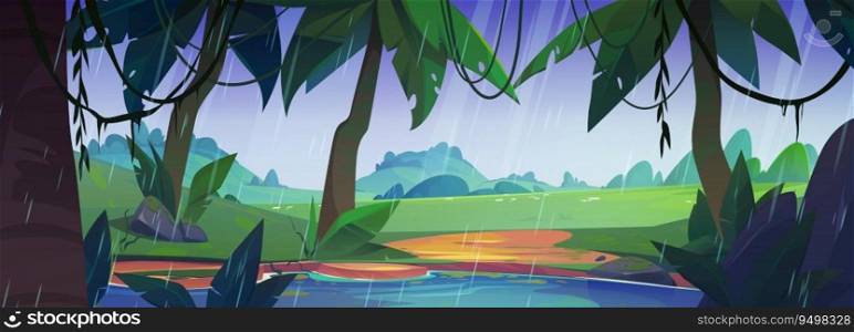 Rain in tropical forest with lake. Vector cartoon illustration of rainfall in jungle wood with exotic green plants, liana vines on tree branches above water, dull cloudy sky. Adventure game background. Rain in tropical forest with lake
