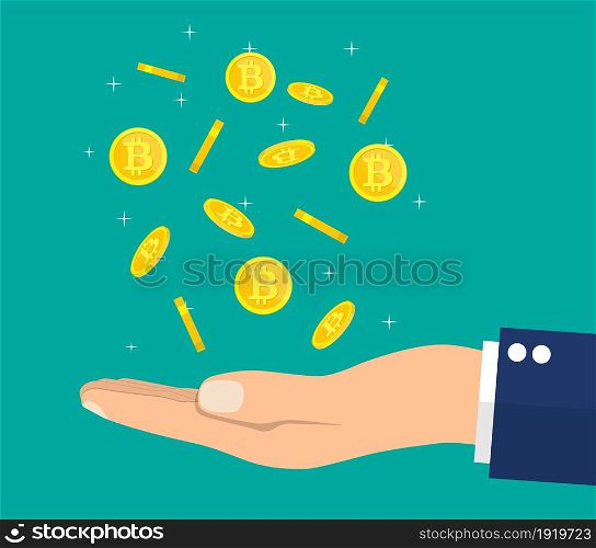 Rain of golden coin with bitcoin sign and hand. Money and finance. Digital currency. Virtual money, cryptocurrency and digital payment system. Vector illustration in flat style. Rain of golden coin with bitcoin sign and hand.