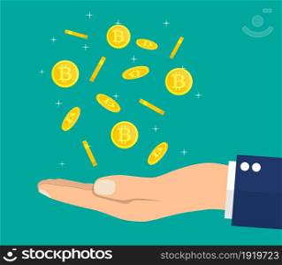 Rain of golden coin with bitcoin sign and hand. Money and finance. Digital currency. Virtual money, cryptocurrency and digital payment system. Vector illustration in flat style. Rain of golden coin with bitcoin sign and hand.