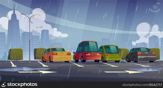 Rain on car park lot and city street road vector illustration background. Free vehicle rest area with skyscraper and falling raindrop weather landscape. Water puddle on urban public asphalt carpark. Rain on car lot and city street road illustration