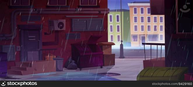 Rain on city alley back street cartoon vector background. Rainy neighborhood ghetto with door, trash and door. Empty alleyway illustration with storm, water puddle and falling droplet near dumpster.. Rain on city alley back street cartoon background