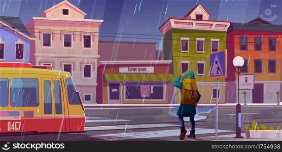 Rain on city street with houses, tram and pedestrian man waiting in front of crosswalk. Vector cartoon illustration of town with buildings, tramway and walking person on sidewalk at rainy weather. City street with houses, tram and pedestrian man