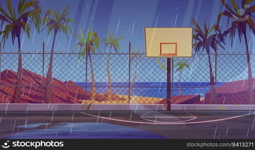 Rain on street basketball court near sea beach vector background. School playground stadium with fence on ocean shore in rainy weather. Empty tropic sport arena with palm tree and falling drops. Rain on street basketball court near sea beach