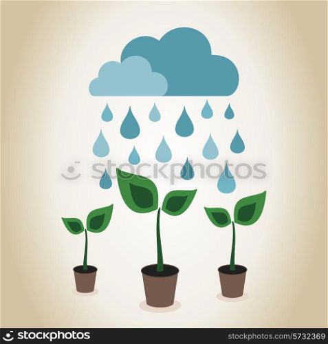 Rain over plants. A vector illustration